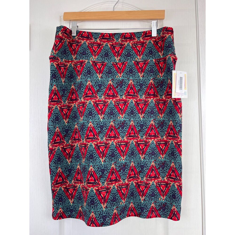 LuLaRoe Cassie Pencil Skirt Red Green Purple Triangle Geometric Print Women's XL